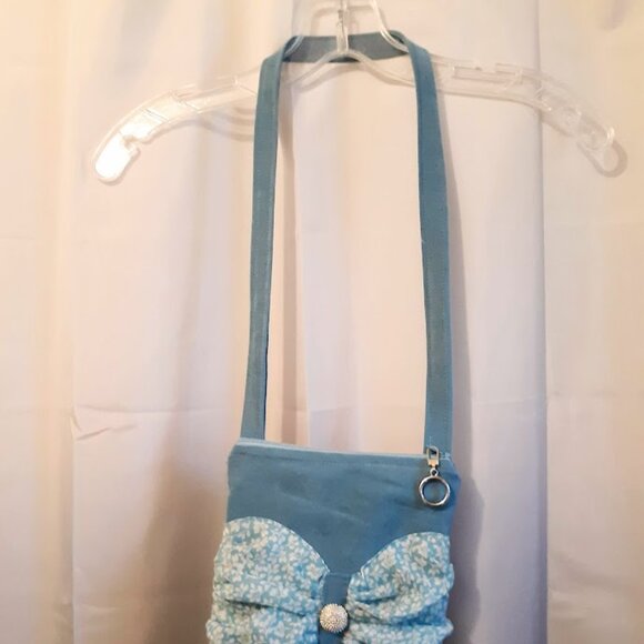 NEW Velvet texture Sueded Floral Bow Shoulder bag Purse Blue Cute Girlie Sling - Picture 3 of 9